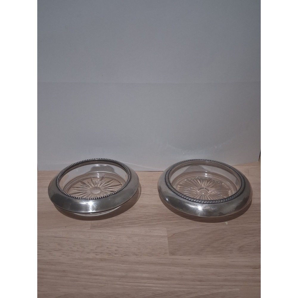 Pair Of Vintage Sterling Silver Rimmed Crystal Coasters